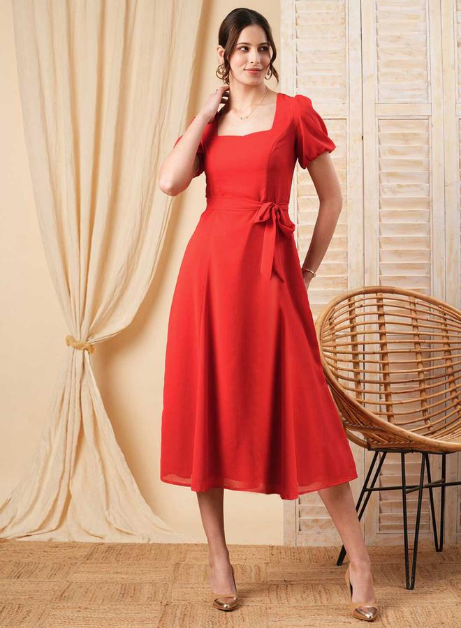 ميش فستان ميدي بياقة واسعة وحزام خصر - Image 1