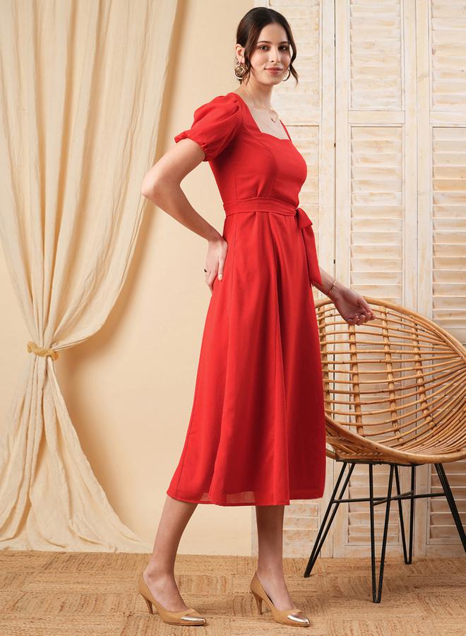 ميش فستان ميدي بياقة واسعة وحزام خصر - Image 3