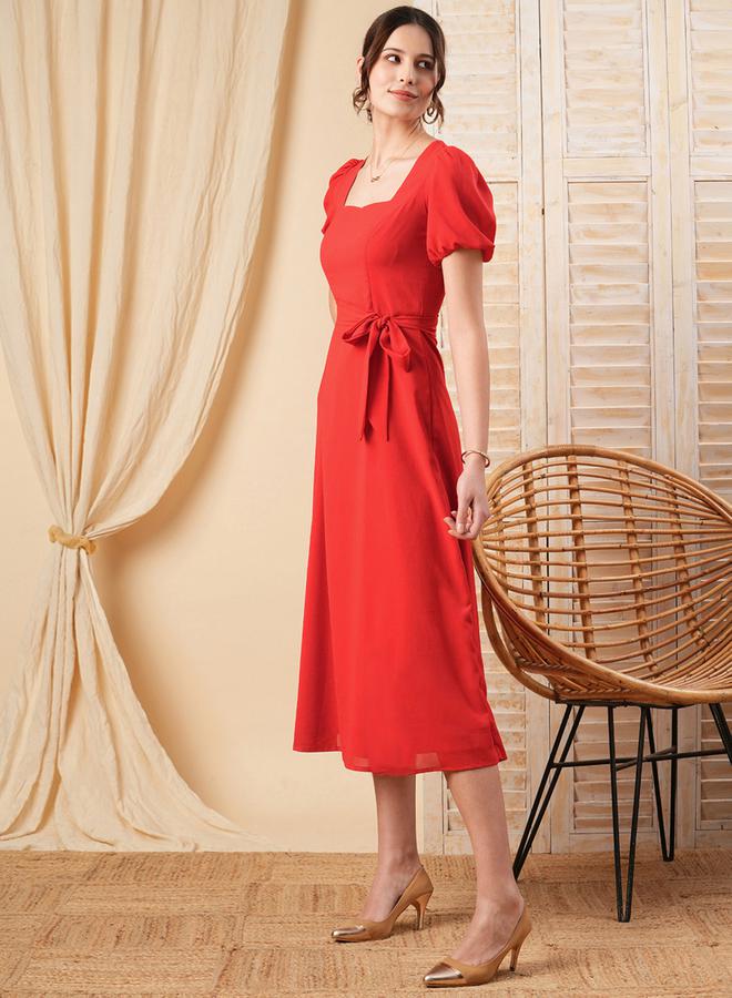 ميش فستان ميدي بياقة واسعة وحزام خصر - Image 4