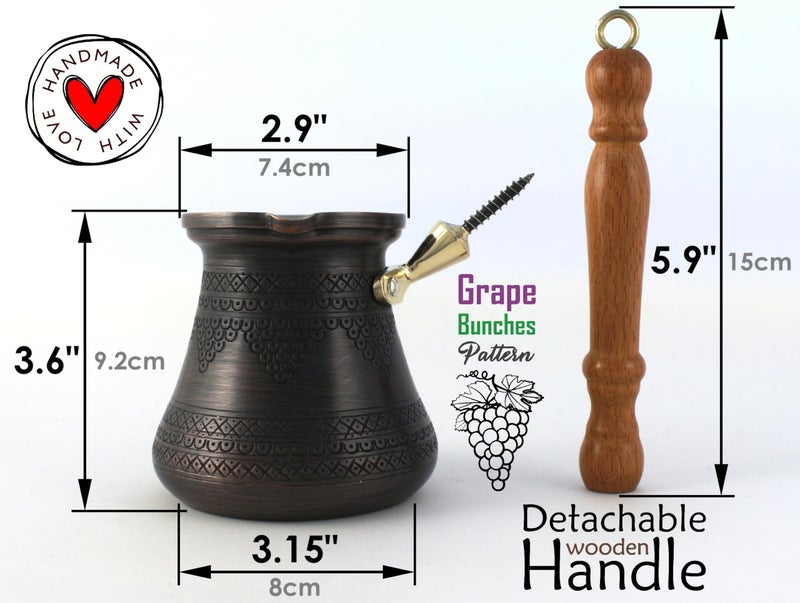 DEDE Copper - PCZ Series (Large-14fl.oz) - Thickest Solid Copper Engraved/Hammered Turkish Greek Arabic Coffee Pot with Wooden Handle, Stovetop Coffee Maker Cezve Jezve Jazva Ibrik Briki (Antique) - Image 4