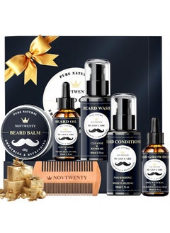 Beard Growth Kit - 7 Pcs Beard Care Kit For Men, Includes Beard Wash, Beard Oil&Growth Oil, Beard Conditioner, Beard Balm, Beard Comb, Gift Box Set For Boyfriend Husband Fathers