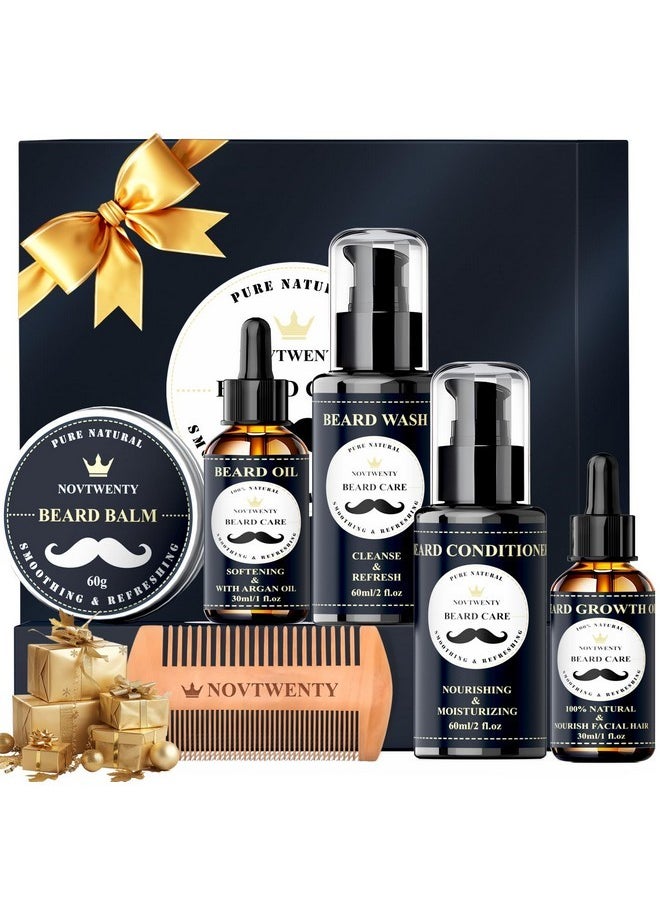 NOVTWENTY - Beard Growth Kit - 7 Pcs Beard Care Kit For Men, Includes Beard Wash, Beard Oil&Growth Oil, Beard Conditioner, Beard Balm, Beard Comb, Gift Box Set For Boyfriend Husband Fathers - Image 1