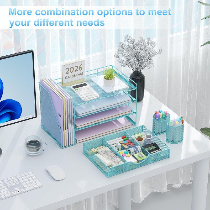 gianotter Desk Organizers and Accessories with File Holder, 4-Tier Desk Accessories & Workspace Organizers with Drawer and 2 Pen Holder, Paper Organizer for Office Supplies (Blue) - Image 3