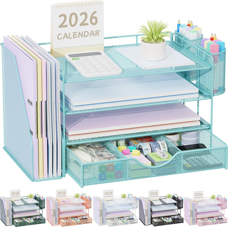 gianotter Desk Organizers and Accessories with File Holder, 4-Tier Desk Accessories & Workspace Organizers with Drawer and 2 Pen Holder, Paper Organizer for Office Supplies (Blue) - Image 1