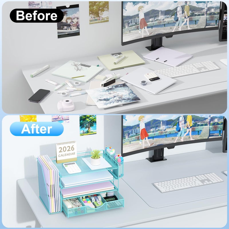 gianotter Desk Organizers and Accessories with File Holder, 4-Tier Desk Accessories & Workspace Organizers with Drawer and 2 Pen Holder, Paper Organizer for Office Supplies (Blue) - Image 2