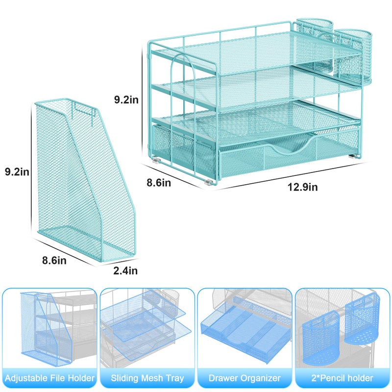 gianotter Desk Organizers and Accessories with File Holder, 4-Tier Desk Accessories & Workspace Organizers with Drawer and 2 Pen Holder, Paper Organizer for Office Supplies (Blue) - Image 5