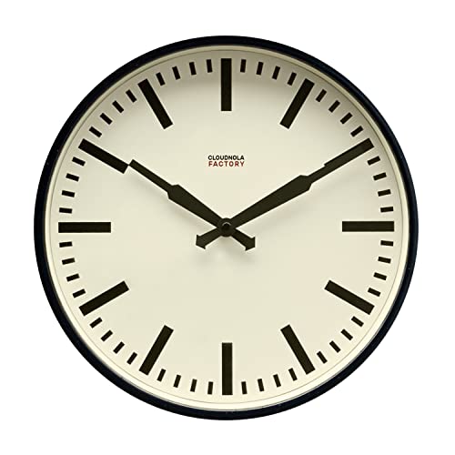 Cloudnola Station Metal Wall Clock, Black and White, 12 inch Diameter, Silent Non Ticking, Battery Operated Quartz Movement - Image 1