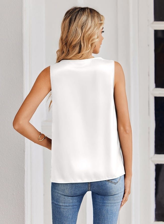 zeagoo Women's Silk Satin Tank Tops V Neck Casual Camisoles Sleeveless Business Work Blouses Dressy Summer Shirts, A-white, S - Image 2