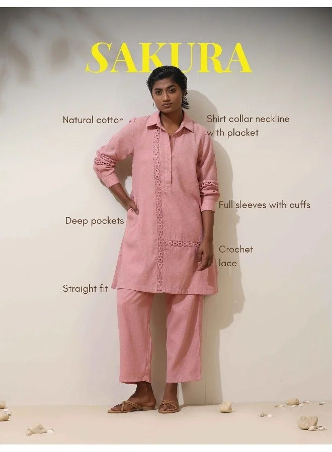 ترو برونز trueBrowns Sakura Pink Natural Cotton Kurta Co-ord Set