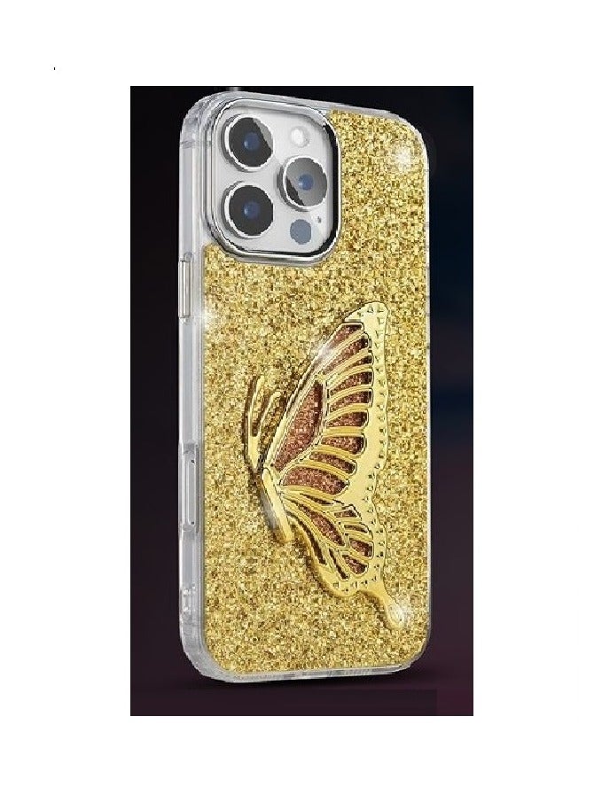 IP13 PRO SHINING BUTTERFLY CASE WITH STAND For   IPHONE 13 PRO (Design- 141) [Gold Color]