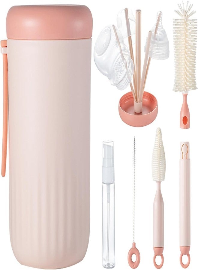 Brikipth Travel Baby Bottle Brush Set with Build-in Drying Rack - Baby Essential Portable Silicone Kids Bottle Cleaner Kit for Bottle, Nipple, Straw Cleaning, for Home and Travel Use-Pink - Image 1