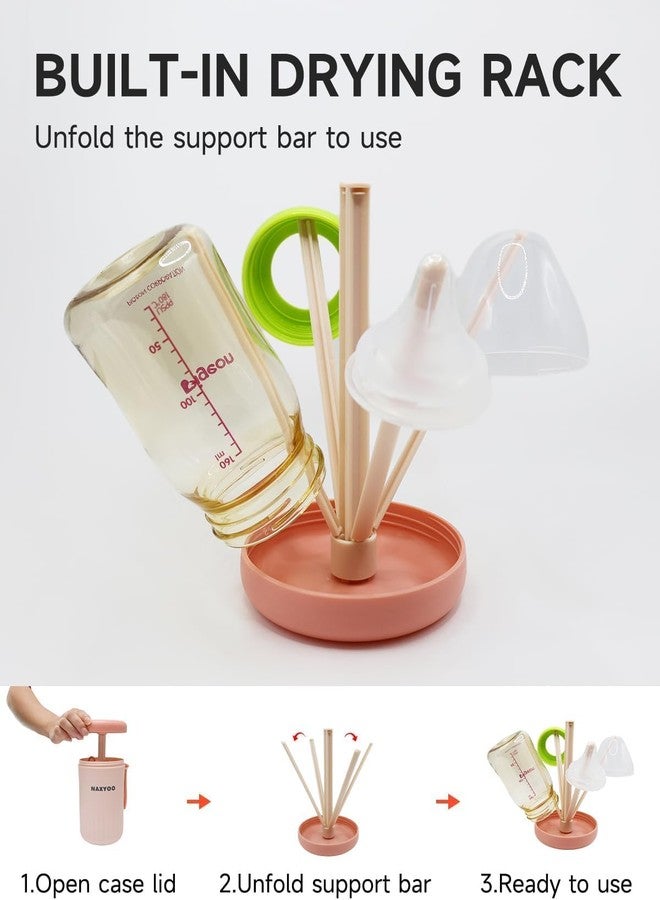 Brikipth Travel Baby Bottle Brush Set with Build-in Drying Rack - Baby Essential Portable Silicone Kids Bottle Cleaner Kit for Bottle, Nipple, Straw Cleaning, for Home and Travel Use-Pink - Image 5