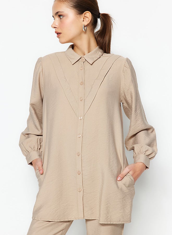 trendyol Camel Linen Look Shirt-Pants Woven Suit TCTSS23US00079  - Image 2