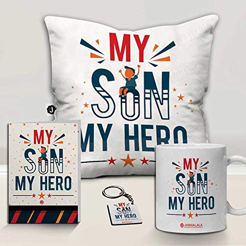 Jhingalala Jhingalala Gift for Son My Son My Hero Printed Cushion with Filler Coffee Mug Key Chain Greeting Card Combo Gifts for Son Birthday Special