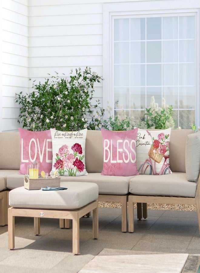 Bonhause Pink Floral Throw Pillow Covers 18x18 Set of 4 Pink Carnation Love Bless Pillows Case Soft Velvet Gift for Mother Grandma Gift Birthday Home Decor - Image 3