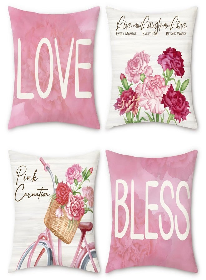 Bonhause Pink Floral Throw Pillow Covers 18x18 Set of 4 Pink Carnation Love Bless Pillows Case Soft Velvet Gift for Mother Grandma Gift Birthday Home Decor - Image 1