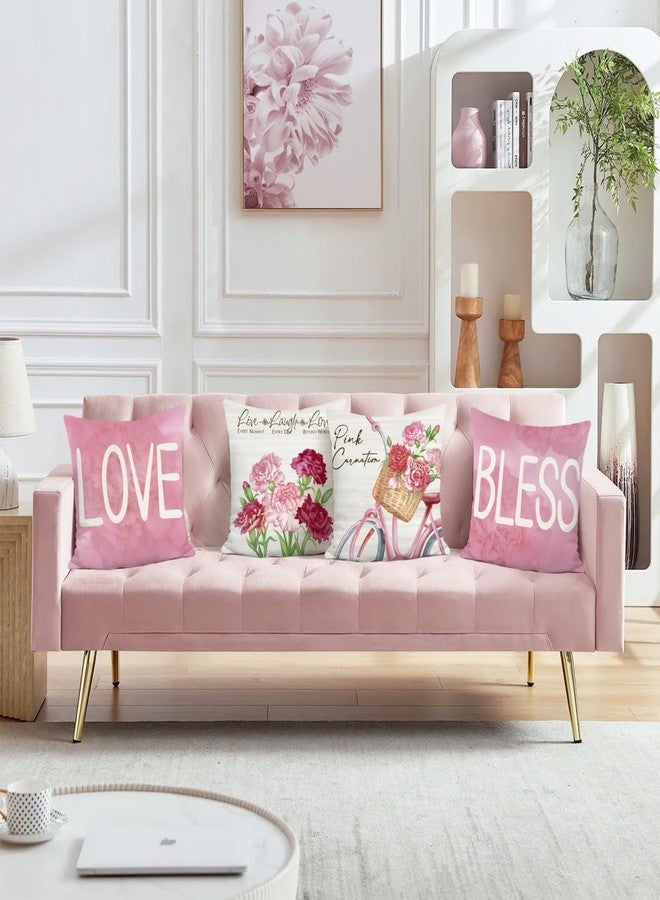 Bonhause Pink Floral Throw Pillow Covers 18x18 Set of 4 Pink Carnation Love Bless Pillows Case Soft Velvet Gift for Mother Grandma Gift Birthday Home Decor - Image 2