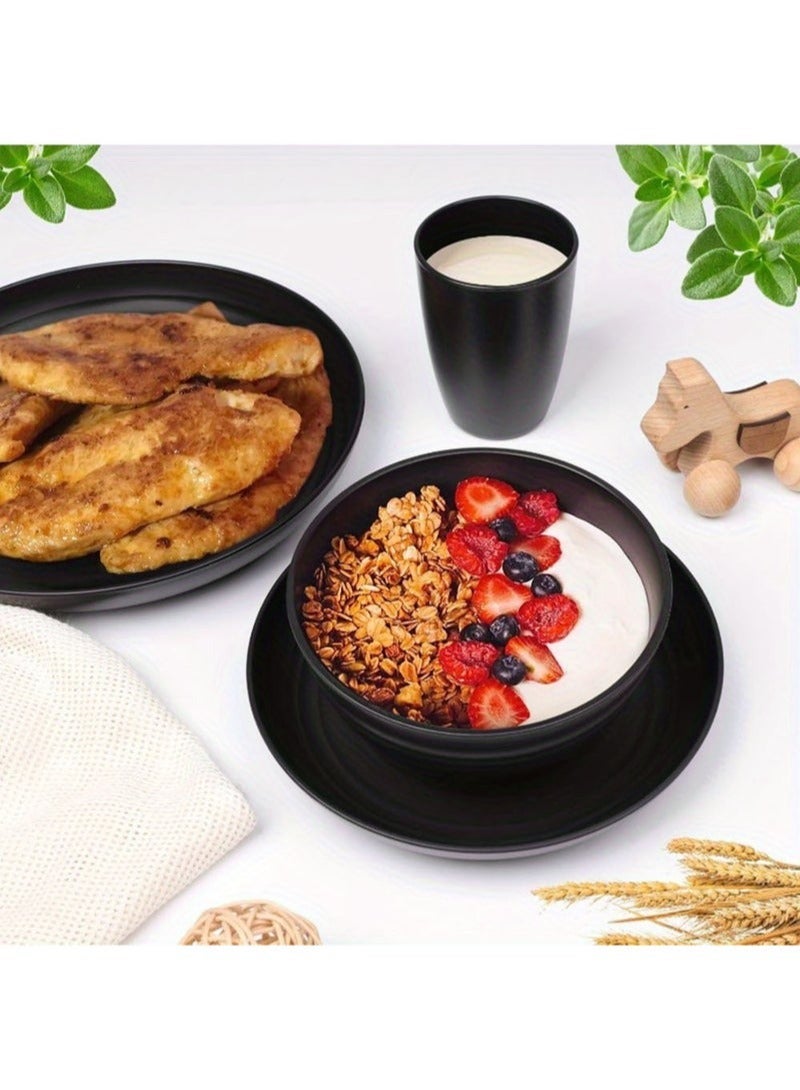 VINNYSEN 16 pcs Dinner Set Wheat Straw Dinnerware Set Plates and Bowls Set for Unbreakable Modern Dish Set Dessert Plate Cereal Bowl Cup for Kitchen Outdoor Camping Black - Image 4