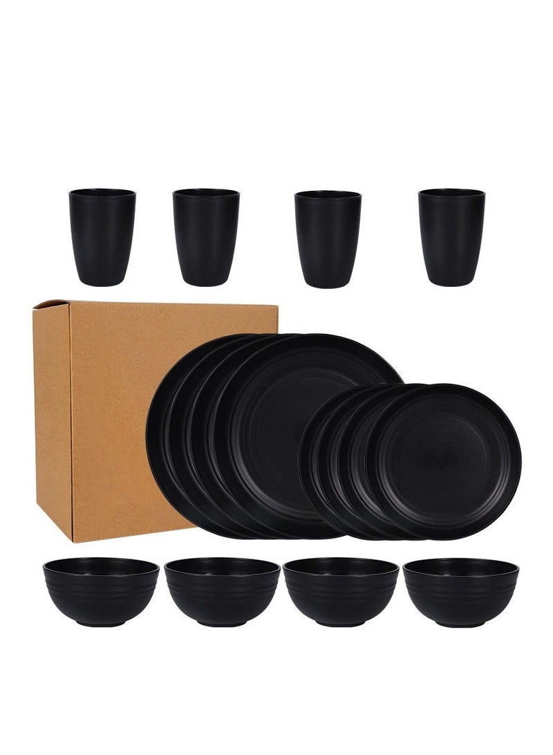 VINNYSEN 16 pcs Dinner Set Wheat Straw Dinnerware Set Plates and Bowls Set for Unbreakable Modern Dish Set Dessert Plate Cereal Bowl Cup for Kitchen Outdoor Camping Black - Image 1