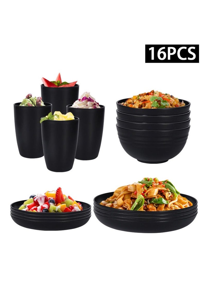 VINNYSEN 16 pcs Dinner Set Wheat Straw Dinnerware Set Plates and Bowls Set for Unbreakable Modern Dish Set Dessert Plate Cereal Bowl Cup for Kitchen Outdoor Camping Black - Image 2