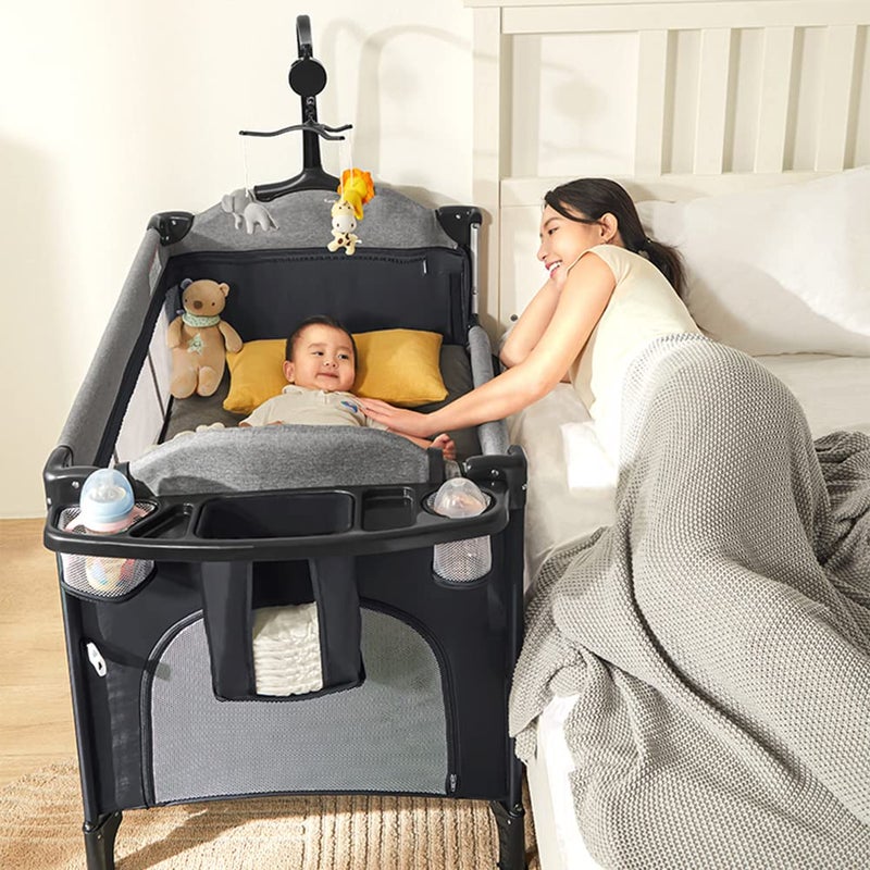 MMBABY MMBABY 5in1 Pack and Play Portable Crib for BabyMultifunction Bedside Crib from Newborn to ToddlersUShaped Diaper ChangerPlayardSafety StrapCarry Bag Black 