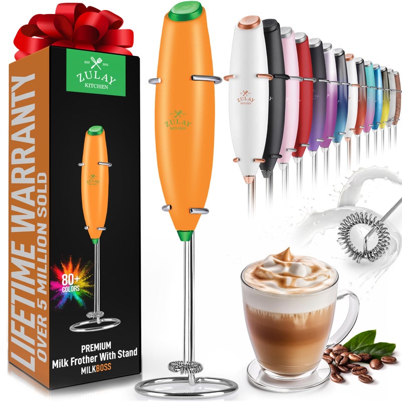Zulay Powerful Milk Frother Handheld Foam Maker for Lattes Whisk Drink Mixer for Coffee Mini Foamer for Cappuccino Frappe Matcha Hot Chocolate by Milk Boss OrangeGreen