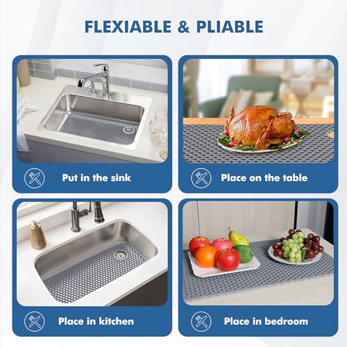 Bestjing Silicone Sink Protectors for Kitchen Sink - 28.4"x 14.3" Kitchen Protector Accessory, Non-Slip Heat Resistant Mat for Bottom of Farmhouse Porcelain Stainless Steel (Top Right Drain Hole,Gray) - Image 5
