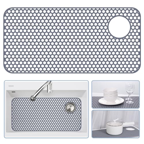 Bestjing Silicone Sink Protectors for Kitchen Sink - 28.4"x 14.3" Kitchen Protector Accessory, Non-Slip Heat Resistant Mat for Bottom of Farmhouse Porcelain Stainless Steel (Top Right Drain Hole,Gray) - Image 1