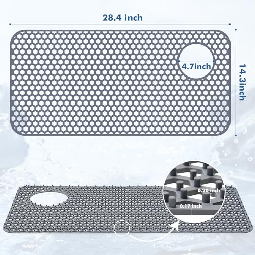 Bestjing Silicone Sink Protectors for Kitchen Sink - 28.4"x 14.3" Kitchen Protector Accessory, Non-Slip Heat Resistant Mat for Bottom of Farmhouse Porcelain Stainless Steel (Top Right Drain Hole,Gray) - Image 3