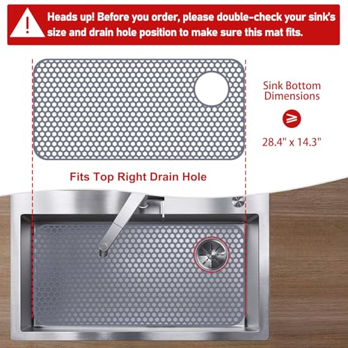 Bestjing Silicone Sink Protectors for Kitchen Sink - 28.4"x 14.3" Kitchen Protector Accessory, Non-Slip Heat Resistant Mat for Bottom of Farmhouse Porcelain Stainless Steel (Top Right Drain Hole,Gray) - Image 2