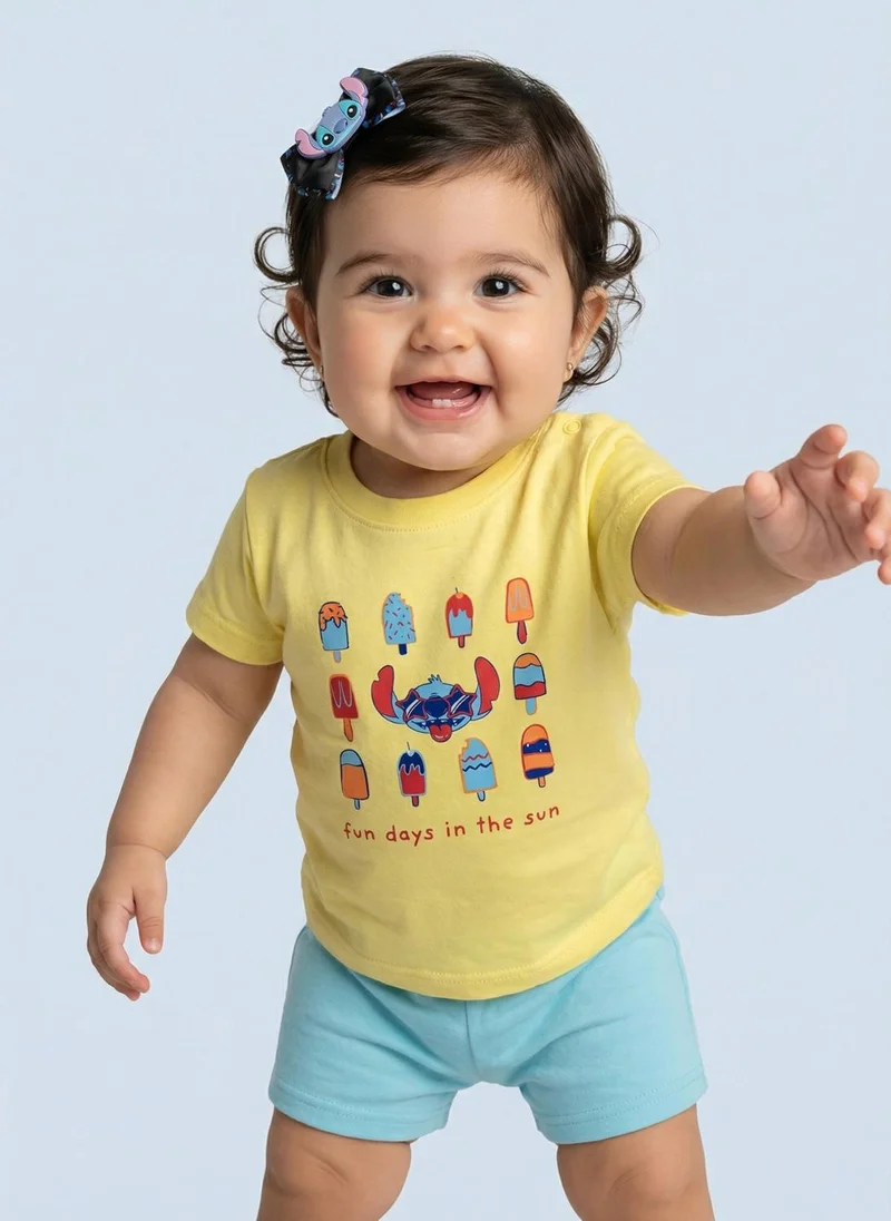 نوتيناتي Nautinati Baby Girls Lilo & Stitch Printed Regular Fit T-shirt and Shorts Clothing Set