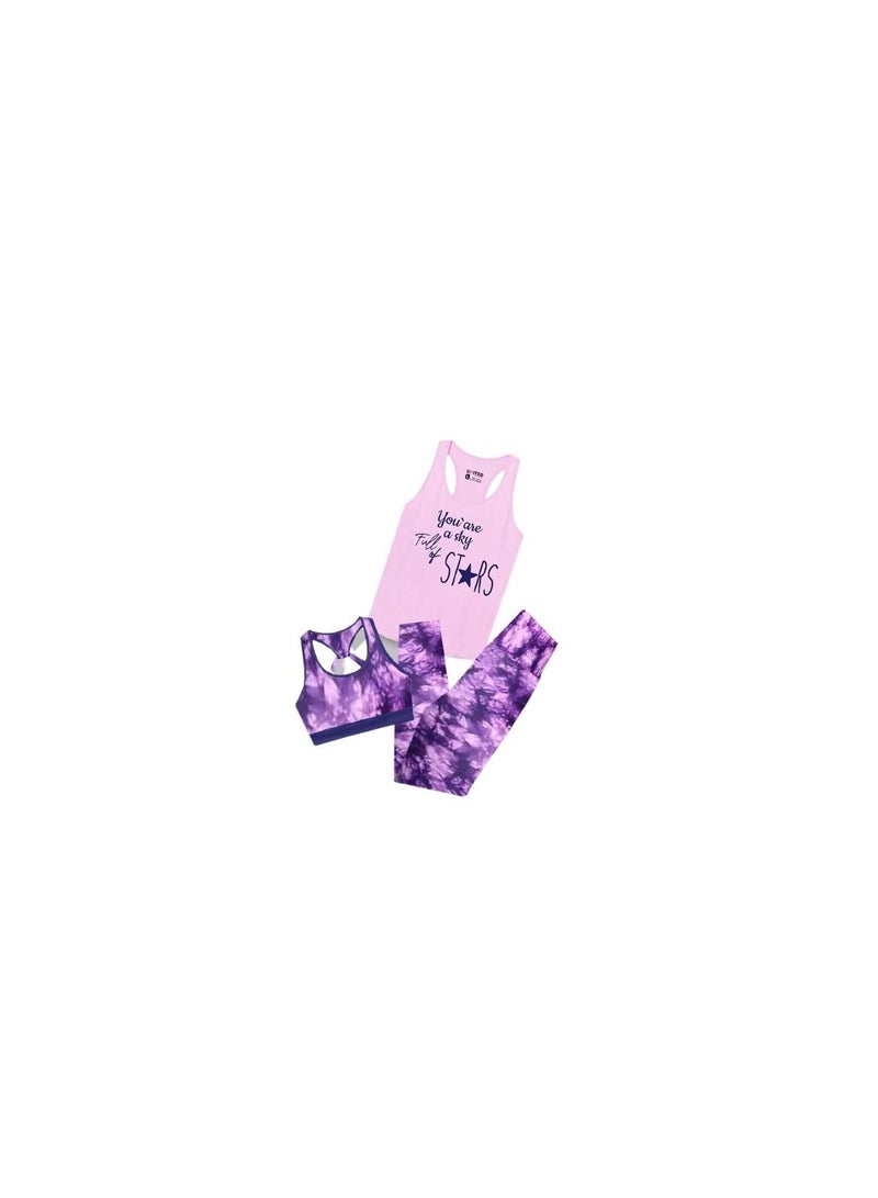 Women's sport set consisting of a light purple T-shirt and decorated purple pants 
