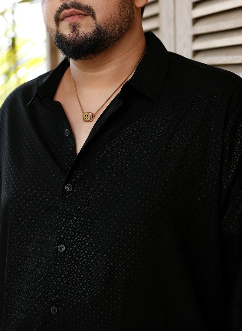 Instafab Plus Instafab Plus Men's Onyx Black Cross-Stitch Imprint Shirt For Casual Wear | Spread Collar | Long Cuffed Sleeves | Button Closure | Plus Size Shirt Crafted With Comfort Fit For Everyday Wear