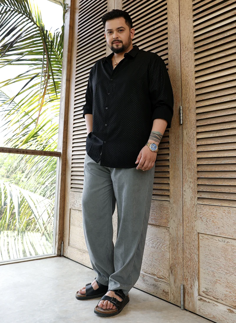 Instafab Plus Instafab Plus Men's Onyx Black Cross-Stitch Imprint Shirt For Casual Wear | Spread Collar | Long Cuffed Sleeves | Button Closure | Plus Size Shirt Crafted With Comfort Fit For Everyday Wear