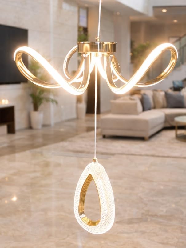 kinis Modern Luxury LED Wave Chandelier with Crystal Drop Pendant | 3 Different Color Mode (WH/WW/NW) | Led Chandelier Light for Living Room/Bedroom/Cafe/Resturents - Image 2