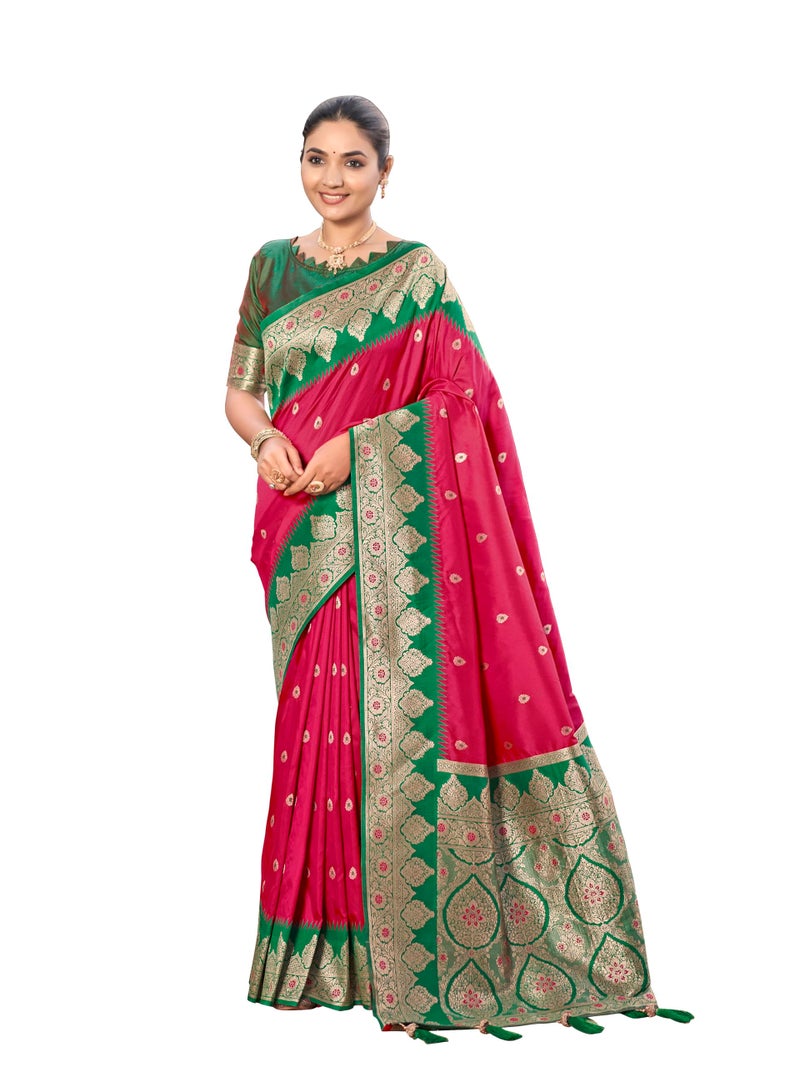 MANOHARI Women's Trendy Banarasi Silk Woven Pink and Green Saree With Heavy Jacquard Work Saree With Green Blouse Piece_MN2014 - Image 1