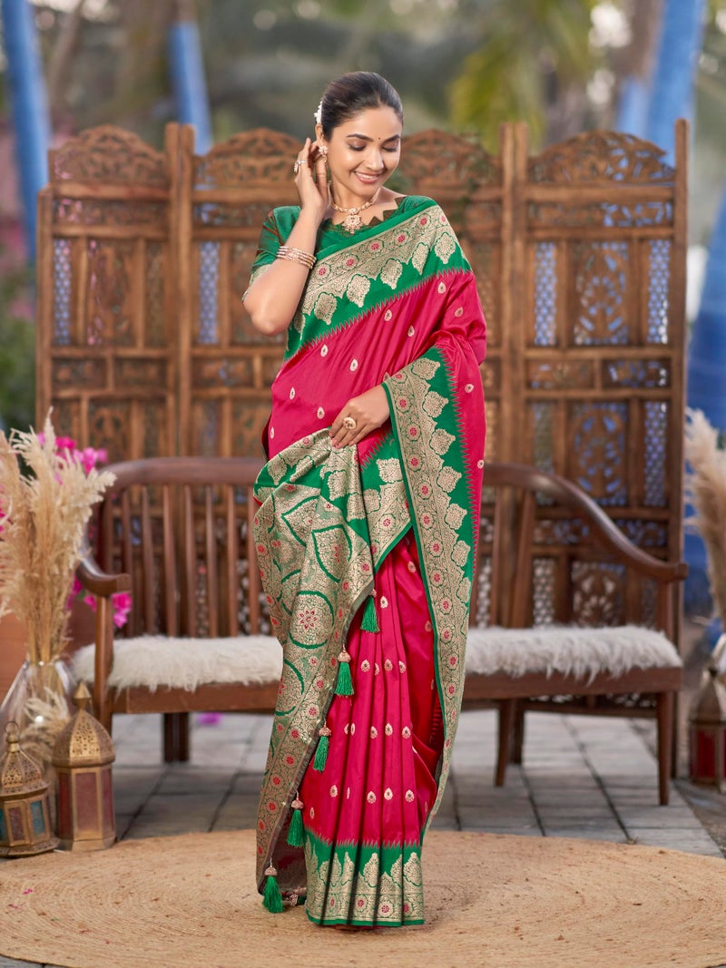 MANOHARI Women's Trendy Banarasi Silk Woven Pink and Green Saree With Heavy Jacquard Work Saree With Green Blouse Piece_MN2014 - Image 5