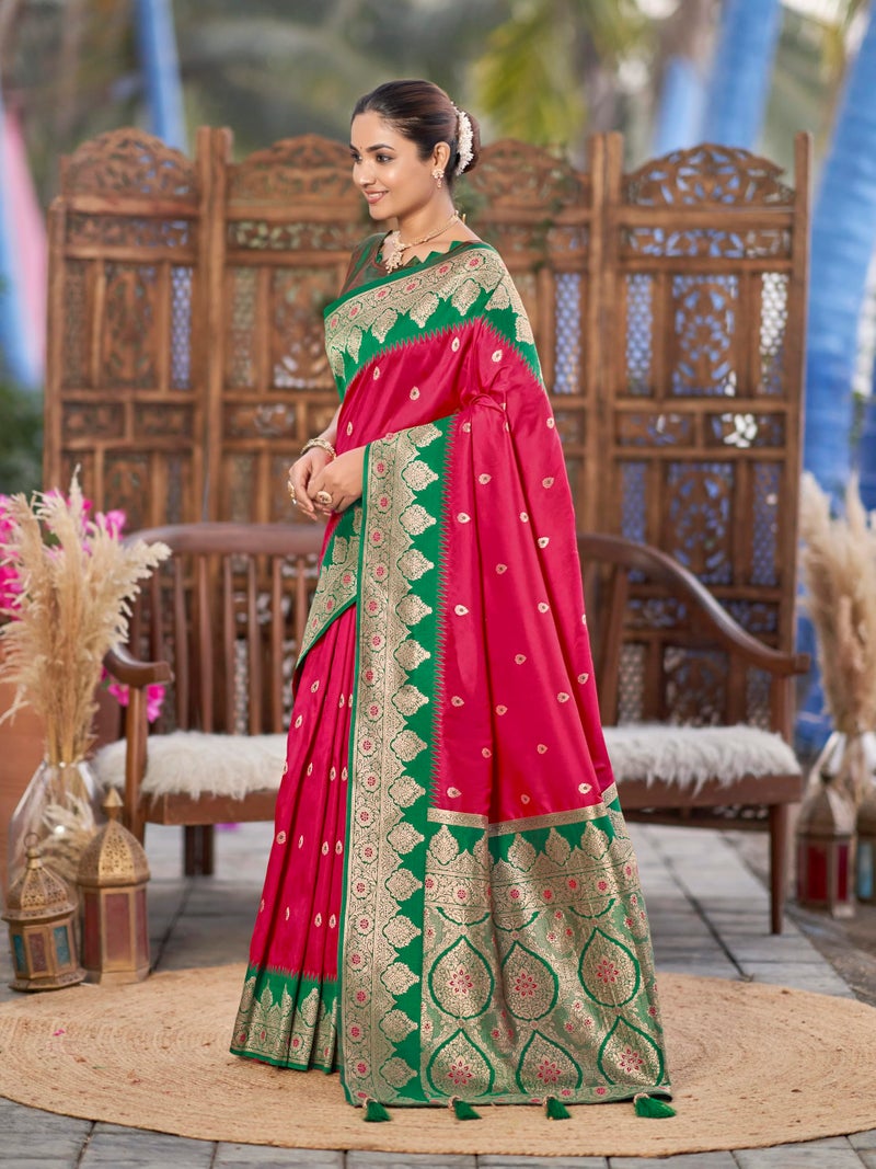 MANOHARI Women's Trendy Banarasi Silk Woven Pink and Green Saree With Heavy Jacquard Work Saree With Green Blouse Piece_MN2014 - Image 2