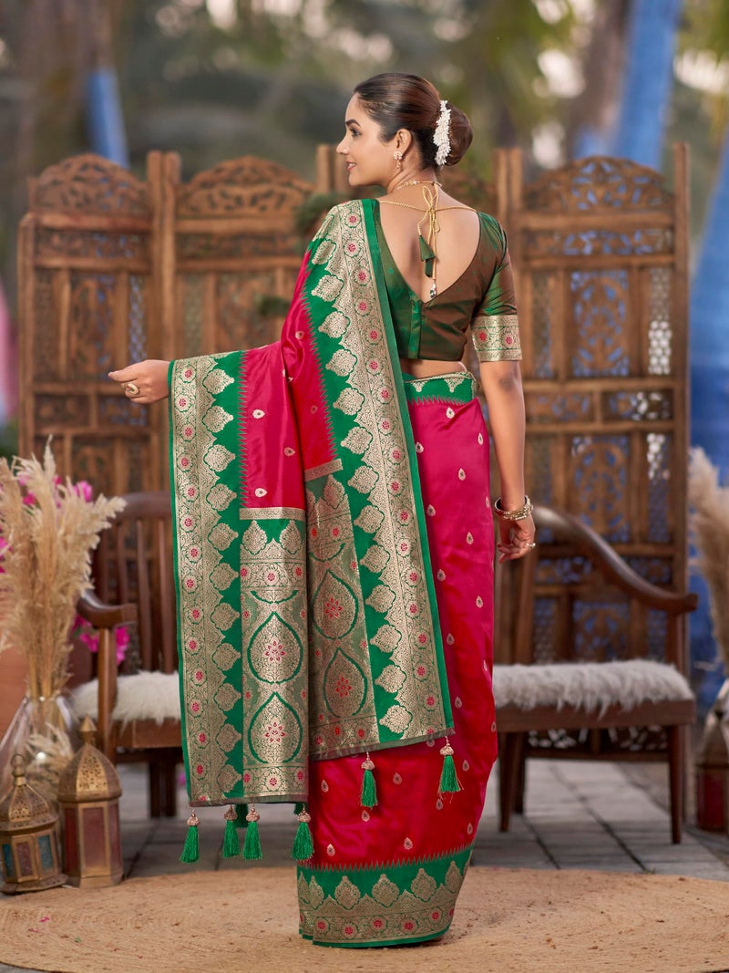 MANOHARI Women's Trendy Banarasi Silk Woven Pink and Green Saree With Heavy Jacquard Work Saree With Green Blouse Piece_MN2014 - Image 3