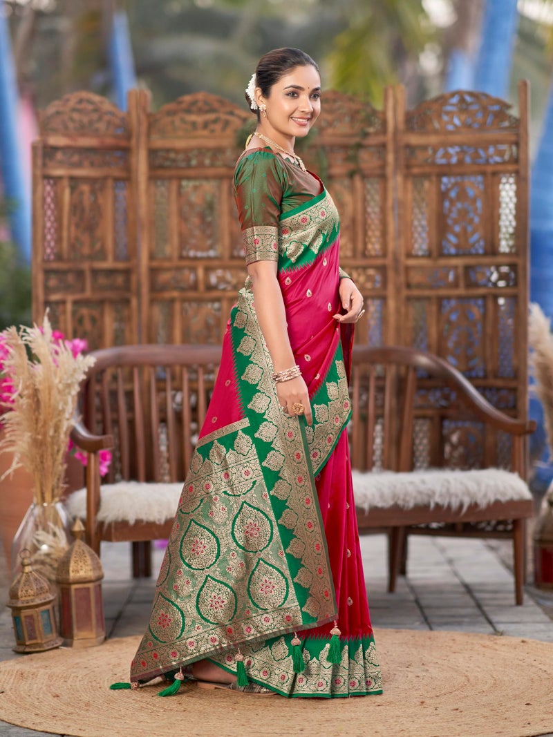 MANOHARI Women's Trendy Banarasi Silk Woven Pink and Green Saree With Heavy Jacquard Work Saree With Green Blouse Piece_MN2014 - Image 4