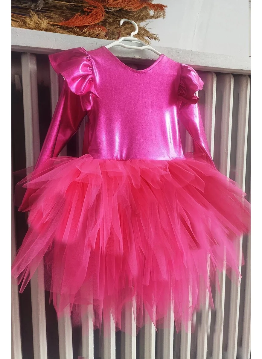 Shecco Babba Fuchsia Bow Girl Tutu Dress, Long Sleeve Fuchsia Birthday Dress, Bandana