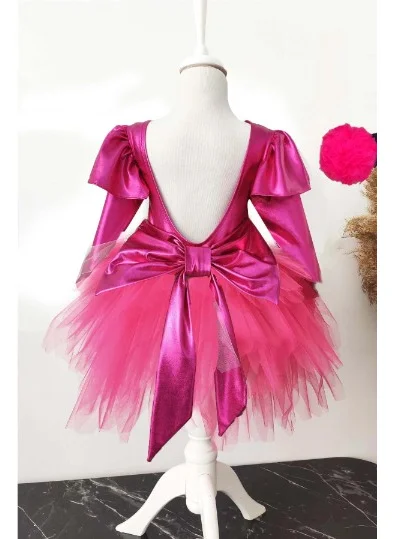 Shecco Babba Fuchsia Bow Girl Tutu Dress, Long Sleeve Fuchsia Birthday Dress, Bandana