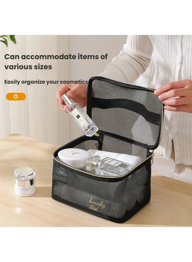 لاكي شبكة حقيبة مستحضرات التجميل واسعة انظر من خلال وأنيقة مع متعددة المقصورة لتنظيم مستحضرات التجميل جهد والسفر الأنيق - Image 1