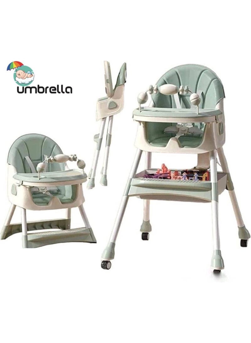 umbrella Umbrella 4-in-1 Convertible High Chair with Adjustable Height and Footres Toddler Feeding Booster Seat with Tray Wheels Seat Belt and Pillow 6 Months to 4 Years (green)  - Image 1