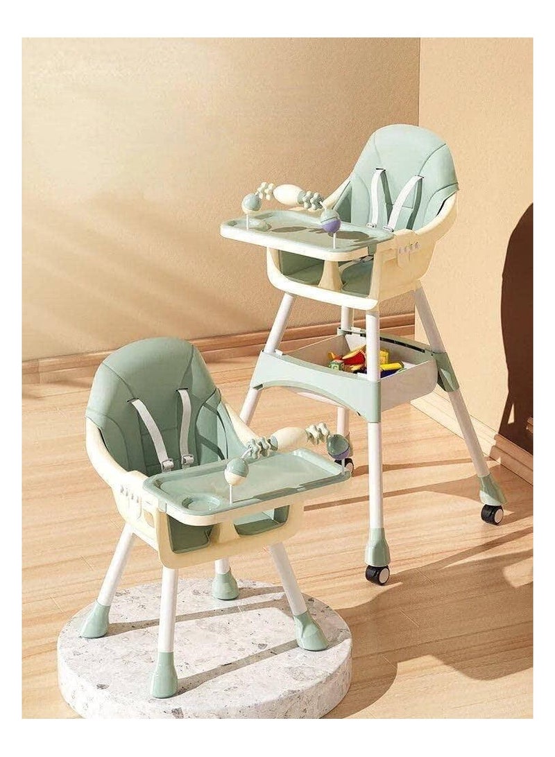 umbrella Umbrella 4-in-1 Convertible High Chair with Adjustable Height and Footres Toddler Feeding Booster Seat with Tray Wheels Seat Belt and Pillow 6 Months to 4 Years (green)  - Image 2