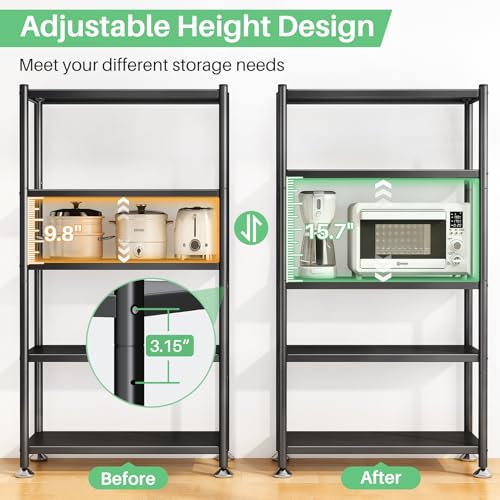 PXRACK 5 Tier Adjustable Storage Shelves, Heavy Duty Metal Storage Rack with Wheels, Shelving Units Utility Shelf for Kitchen, Pantry, Bathroom, Garage, Office Organization and Storage, Black, 13"x24"x59.7" - Image 4