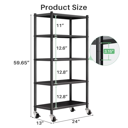 PXRACK 5 Tier Adjustable Storage Shelves, Heavy Duty Metal Storage Rack with Wheels, Shelving Units Utility Shelf for Kitchen, Pantry, Bathroom, Garage, Office Organization and Storage, Black, 13"x24"x59.7" - Image 2