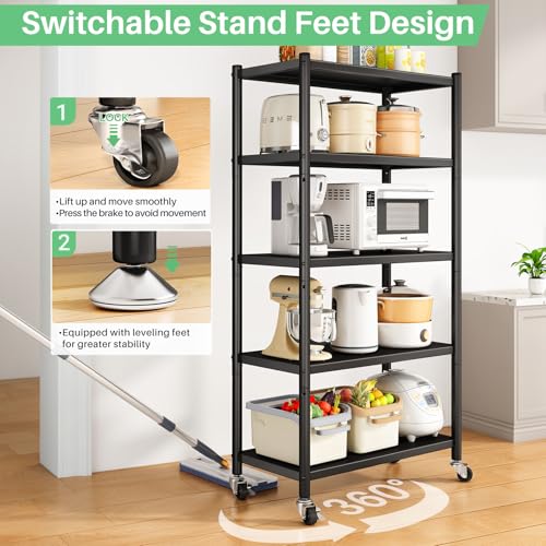 PXRACK 5 Tier Adjustable Storage Shelves, Heavy Duty Metal Storage Rack with Wheels, Shelving Units Utility Shelf for Kitchen, Pantry, Bathroom, Garage, Office Organization and Storage, Black, 13"x24"x59.7" - Image 5