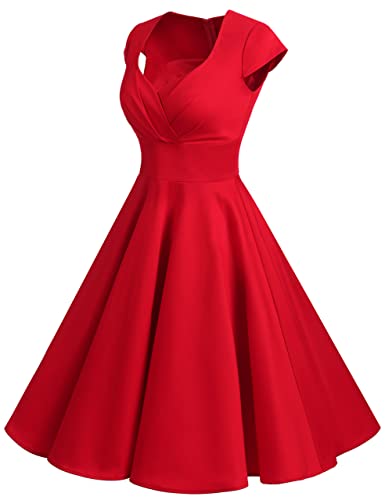 Bbonlinedress فستان كوكتيل نسائي أحمر عتيق لعيد الحب من خمسينيات القرن الماضي لحفلات الزفاف الرسمية قصير 50s 60s ريترو بنات عرائس فستان سوينغ أحمر M - Image 3
