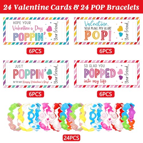 DAZONGE 24 Pack Valentines Day Gifts for Kids Pop It Bracelet Valentines Cards Fidget Pop Bracelets for Classroom Exchange School Valentines Party Favors for Boys Girls - Image 5